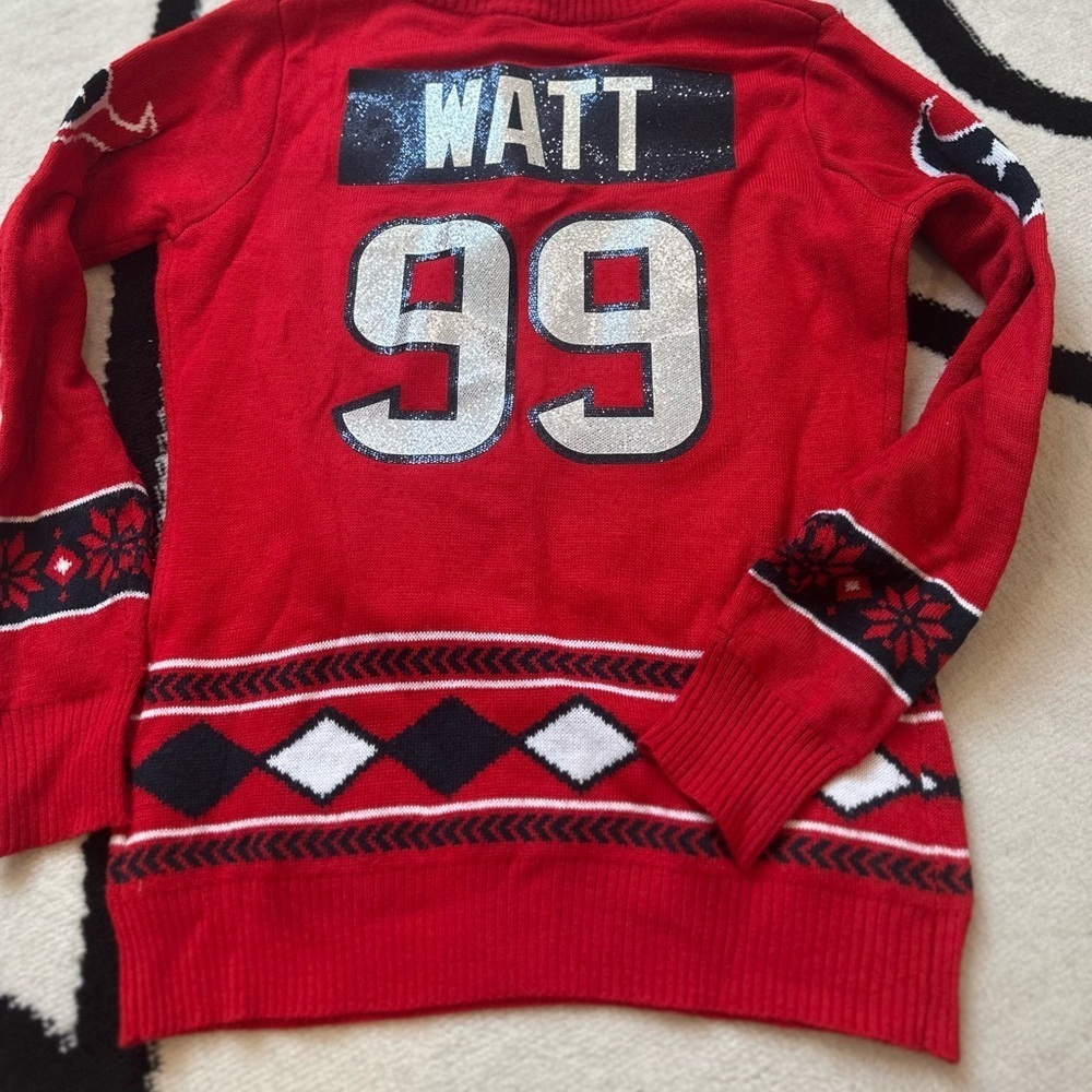 NFL team apparel Houston Texans JJ Watts crewneck red long sleeve knit sweater - Picture 4 of 7